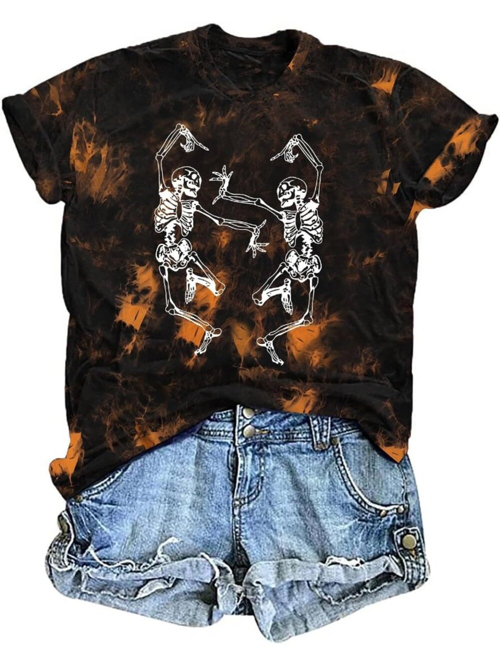 🆕 Women's Black Orange Dancing Skeleton Tie Dye Halloween Graphic Tee